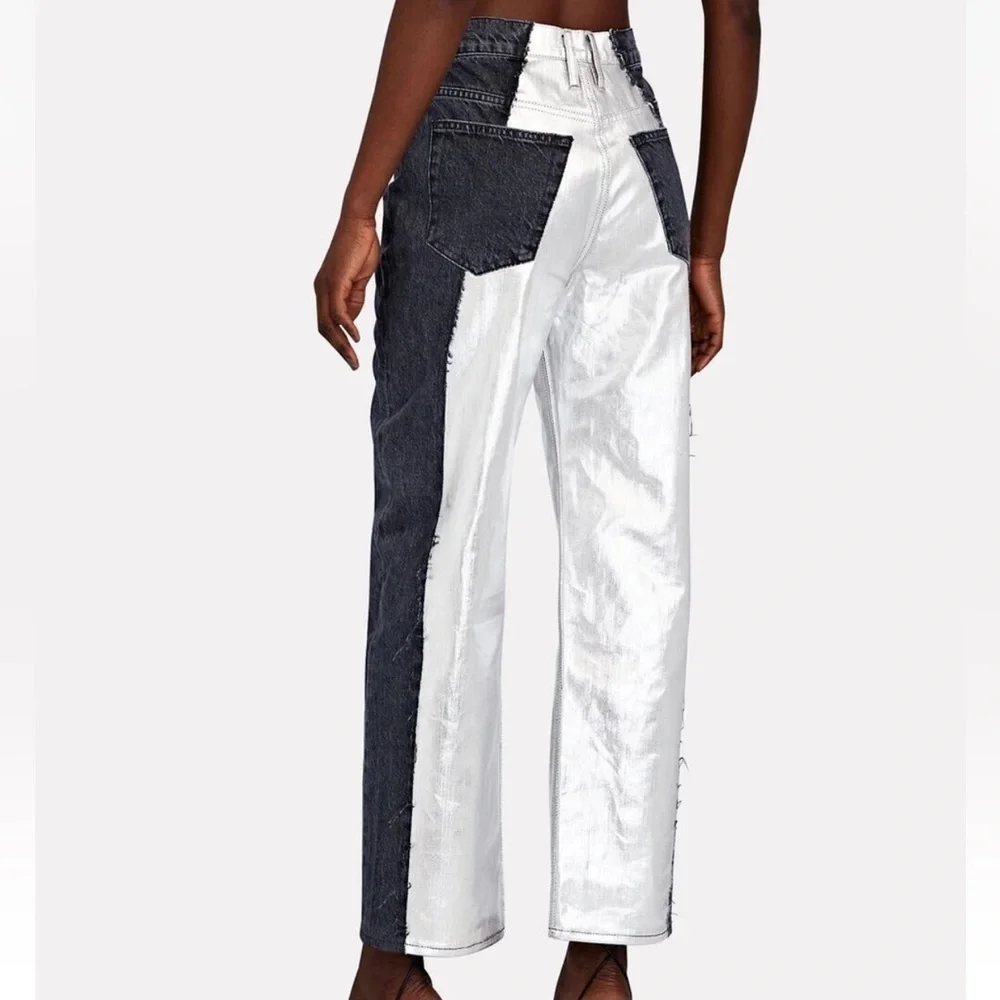 NWT FRAME Pieced Metallic Silver Black Straight Leg Jeans Size 26 Retail $448
